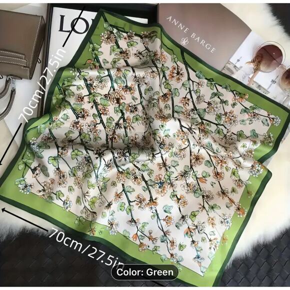 Botanical Satin Scarf Beige-Green Square Silk Feel Head Wrap 27" NWT - Picture 4 of 5